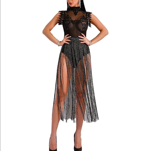 Dresses & Skirts - WRStore Women's Sexy Lace Sheer See Through Glitter Tassel Bodysuit Dress XS